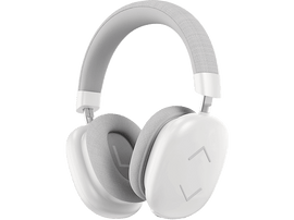 Casque blanc et gris sur fond noir. Design moderne et minimaliste.