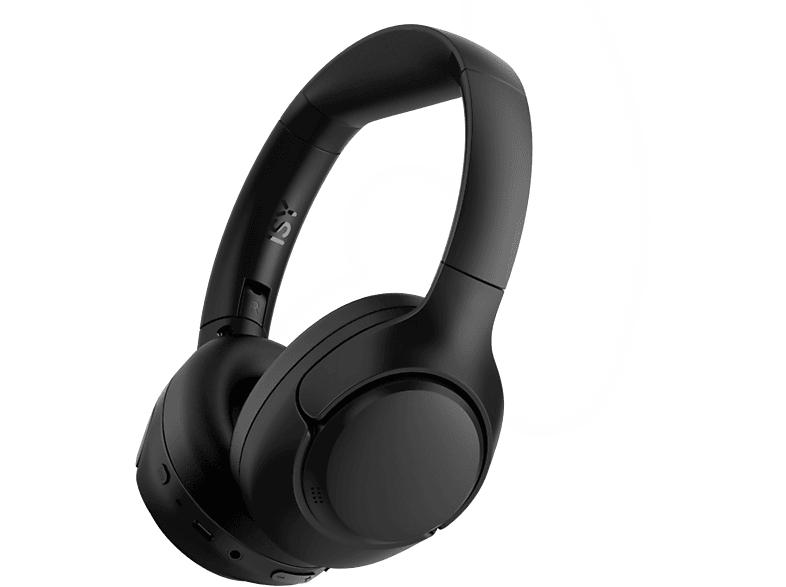 Casque antibruit noir isolé sur fond noir, vue en angle, avec un reflet blanc.