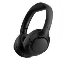 Casque antibruit noir isolé sur fond noir, vue en angle, avec un reflet blanc.