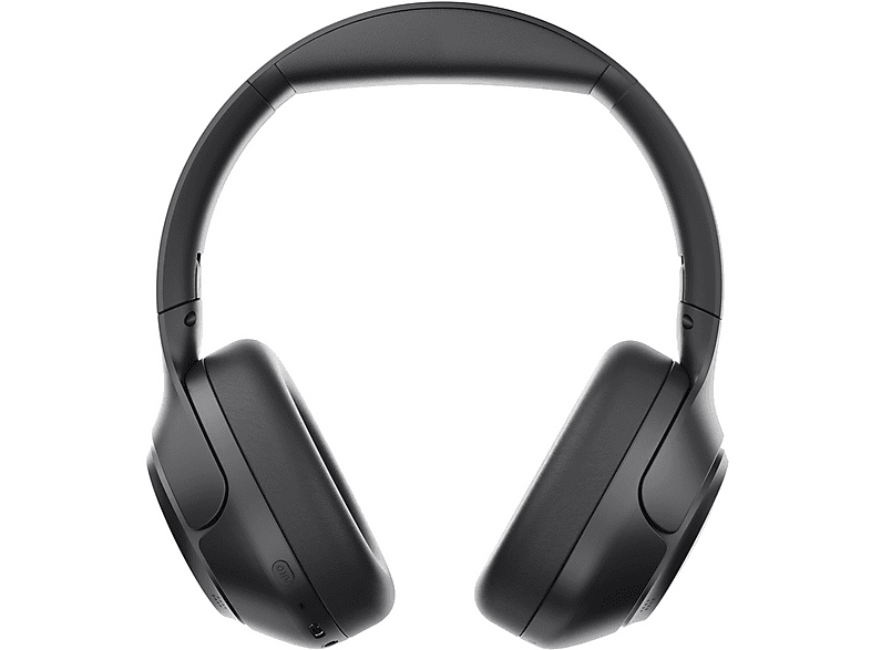 Casque audio noir, vu de côté, avec bouton d'alimentation et détails.