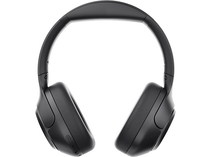 Casque audio noir, vu de côté, avec bouton d'alimentation et détails.