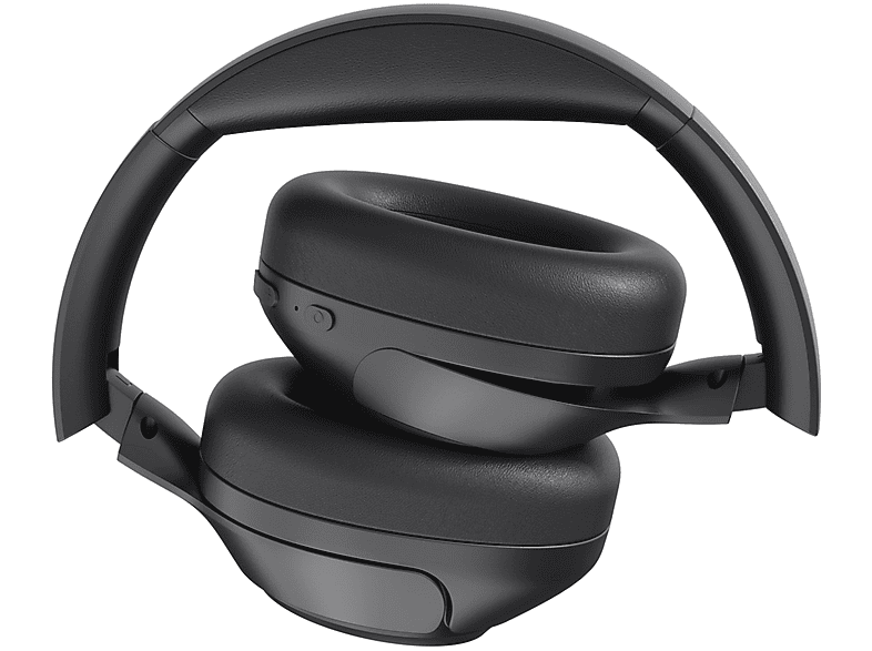 Casque noir plié. L'arceau est incurvé. Les écouteurs sont plats et se font face.