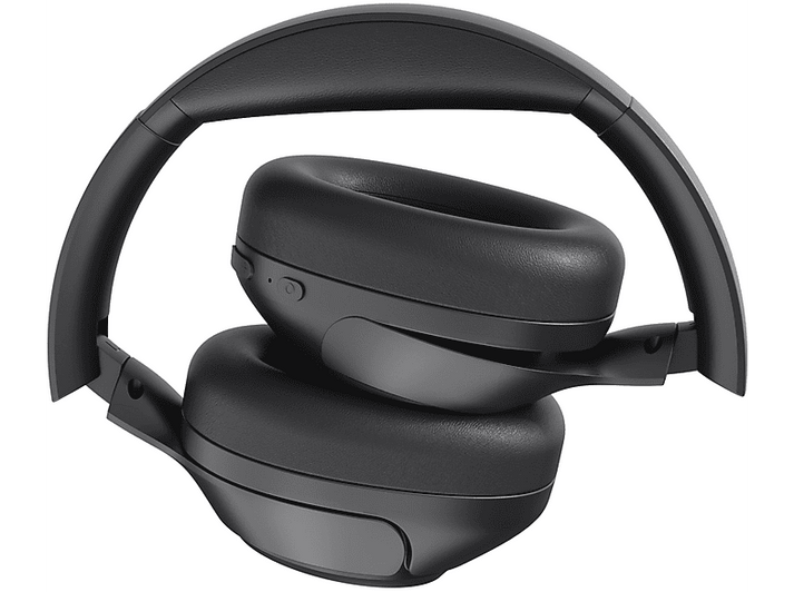 Casque noir plié. L'arceau est incurvé. Les écouteurs sont plats et se font face.