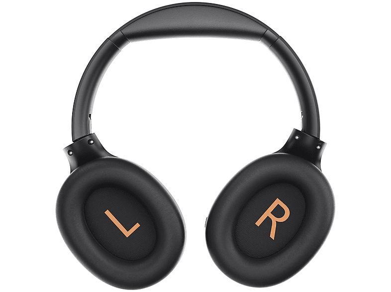 Casque circum-auriculaire, noir et doré, avec marquages L et R.