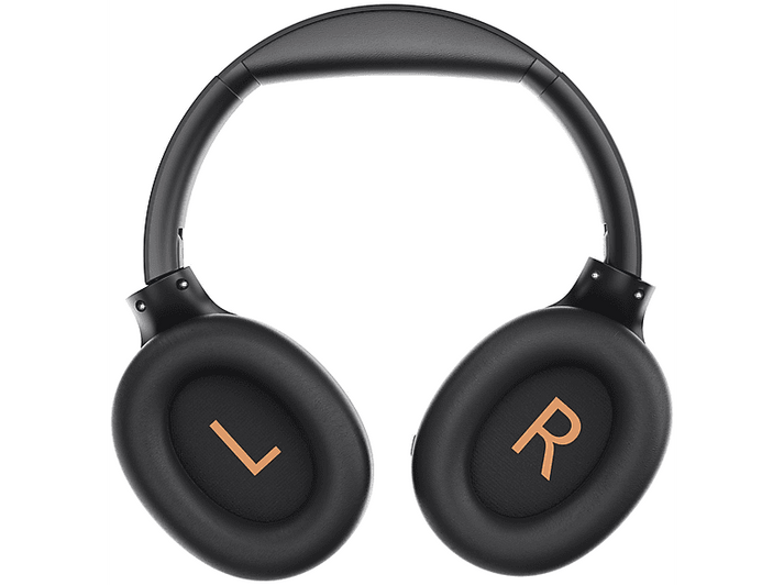 Casque circum-auriculaire, noir et doré, avec marquages L et R.