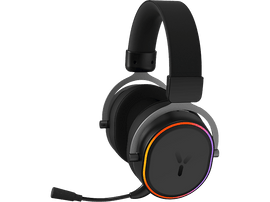 Casque de jeu noir avec lumières RVB autour des écouteurs. Le design a un logo Y.