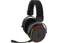 Casque de jeu noir avec lumières RVB autour des écouteurs. Le design a un logo Y.