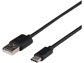 Câble USB-C vers USB noir. Un connecteur USB standard et un connecteur USB-C.