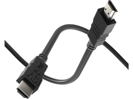 Câble HDMI avec connecteurs à chaque extrémité, noir, forme incurvée. Fond sombre.