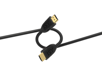 Un câble HDMI noir avec des connecteurs dorés est bouclé, avec le logo "ISY" sur les têtes de câble, sur fond noir.