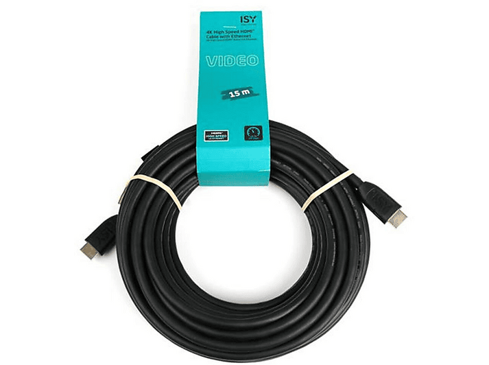 Câble HDMI noir enroulé, avec une boîte turquoise et le texte «VIDEO 15 m». Le câble est sur une surface blanche.