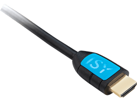 Câble HDMI noir avec étiquette ISY bleue et connecteur doré.