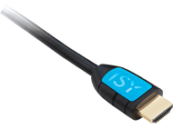 Câble HDMI noir avec étiquette ISY bleue et connecteur doré.