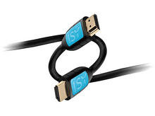 Charger l&#39;image dans la galerie, Câble HDMI noir avec connecteurs bleus et marque ISY.
