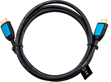 Charger l&#39;image dans la galerie, Câble HDMI noir avec connecteurs bleus, enroulé sur une surface blanche.
