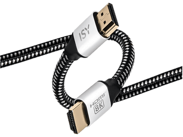 Câble HDMI avec motif noir et blanc. Deux connecteurs argentés avec étiquettes ISY et HDMI 8K.