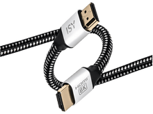 Charger l&#39;image dans la galerie, Câble HDMI avec motif noir et blanc. Deux connecteurs argentés avec étiquettes ISY et HDMI 8K.
