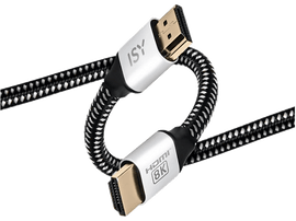 Câble HDMI avec motif noir et blanc. Deux connecteurs argentés avec étiquettes ISY et HDMI 8K.