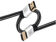 Câble HDMI avec motif noir et blanc. Deux connecteurs argentés avec étiquettes ISY et HDMI 8K.