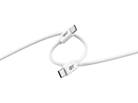 Câble USB-C blanc, plié en forme de huit, sur fond sombre. Le logo 