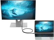 Charger l&#39;image dans la galerie, Un moniteur relié à un ordinateur portable. Le moniteur affiche un surfeur sur une vague. Un câble noir les relie.
