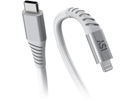 Câble USB-C blanc et gris. Une extrémité est branchée, l
