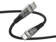 Charger l&#39;image dans la galerie, Câble USB-C noir avec connecteurs transparents. Le câble est enroulé et a des détails internes.
