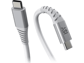 Deux câbles USB-C gris avec connecteurs gris. Un câble est droit, l