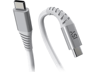 Deux câbles USB-C gris avec connecteurs gris. Un câble est droit, l'autre courbé.