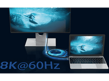 Charger l&#39;image dans la galerie, Un moniteur et un ordinateur portable affichant une vidéo de surf, connectés par un câble, avec le texte 8K@60Hz.
