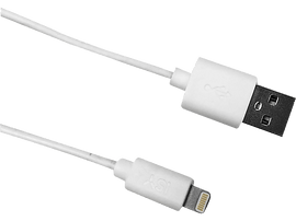 Un câble blanc USB vers Lightning, sur fond blanc, avec des connecteurs USB et Lightning.