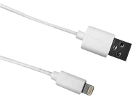 Un câble blanc USB vers Lightning, sur fond blanc, avec des connecteurs USB et Lightning.