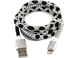 Câble USB tressé avec un connecteur USB-A et un connecteur Lightning, argent et noir.