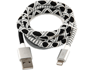 Câble USB tressé avec un connecteur USB-A et un connecteur Lightning, argent et noir.