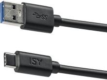 Charger l&#39;image dans la galerie, Câble USB vers USB-C noir. L&#39;extrémité USB a un insert bleu. Fond blanc.

