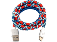 Un câble USB coloré. Il a un motif tressé rouge, bleu et blanc avec des extrémités USB-A et USB-C.