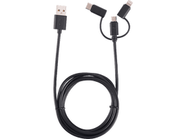 Câble USB noir avec différents types de connecteurs : USB, USB-C, Micro USB et Lightning.