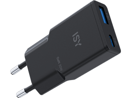 Chargeur noir GaN 30W avec deux ports USB et le logo ISY.
