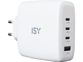 Chargeur USB blanc avec plusieurs ports. Il porte le logo ISY.