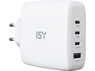 Chargeur USB blanc avec plusieurs ports. Il porte le logo ISY.