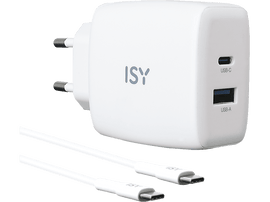 Chargeur ISY blanc avec ports USB-C et USB-A, plus câbles de charge blancs. Fond noir.
