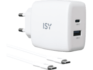 Chargeur ISY blanc avec ports USB-C et USB-A, plus câbles de charge blancs. Fond noir.