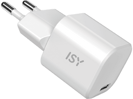 Adaptateur secteur blanc avec deux broches et un port USB. Fond noir.