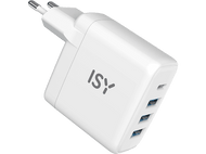 Chargeur USB blanc avec trois ports USB. Il comporte un logo 