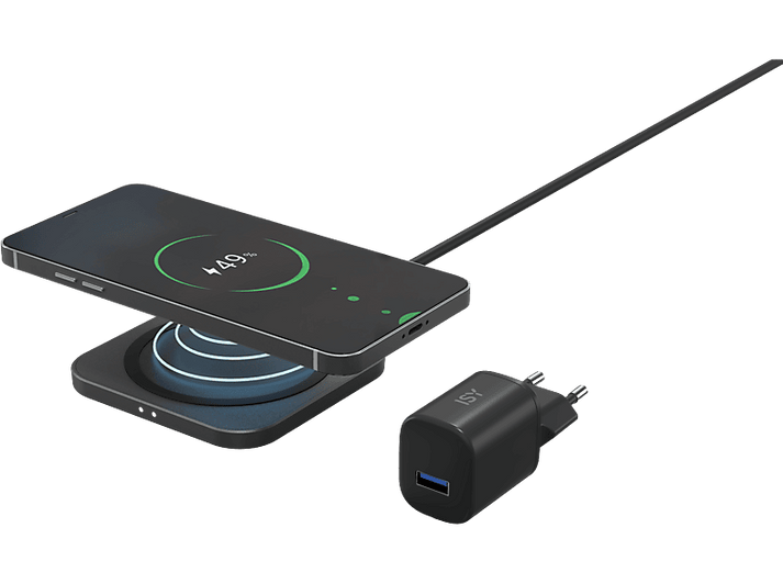 Un chargeur sans fil avec un téléphone dessus, affichant 49% de batterie, et un adaptateur de chargeur.