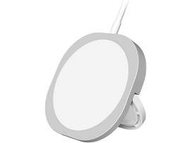 Socle de chargement sans fil blanc avec bord gris et câble blanc. Vue en angle.