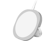 Socle de chargement sans fil blanc avec bord gris et câble blanc. Vue en angle.