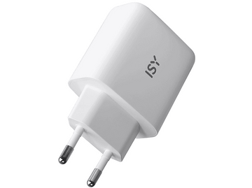 Chargeur ISY blanc avec deux broches, incliné sur fond blanc.