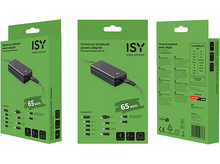 Charger l&#39;image dans la galerie, Trois vues d&#39;une boîte d&#39;adaptateur secteur pour ordinateur portable ISY verte et noire, montrant l&#39;adaptateur et les spécifications.
