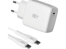 Charger l&#39;image dans la galerie, Un chargeur ISY blanc et un câble USB-C blanc sur fond sombre. Le chargeur a deux broches.
